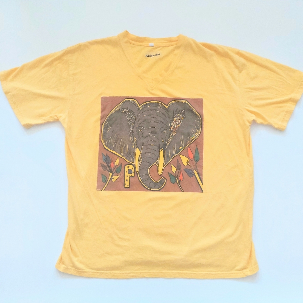 Abiyas Art V Neck Elephant Graphic T Shirt Adult Size Large Yellow Cotton
